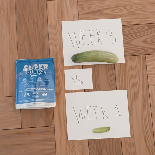 A minimalist visual comparison using handwritten signs and two cucumber slices to represent results from taking shilajit gummies.